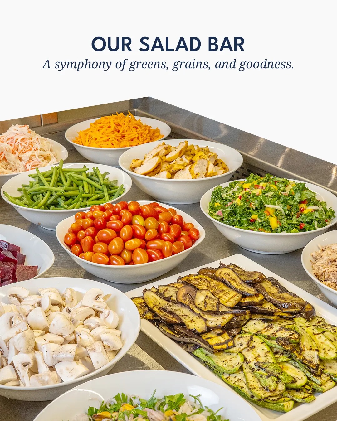 Café des Lettres social post: “Our salad bar. A symphony of greens, grains, and goodness.”
