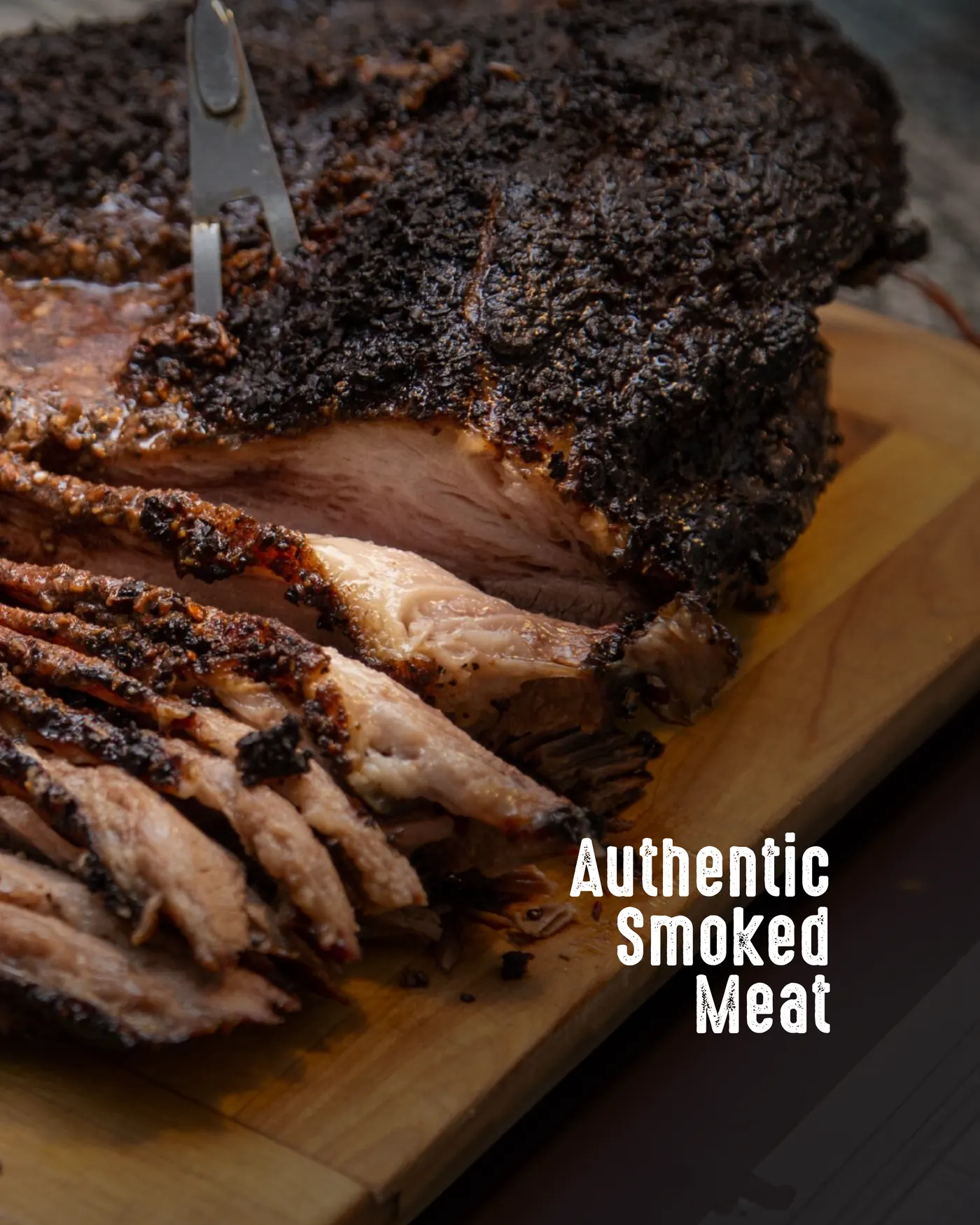 TK’s Smokehouse social post: sliced brisket, “Authentic Smoked Meat”.