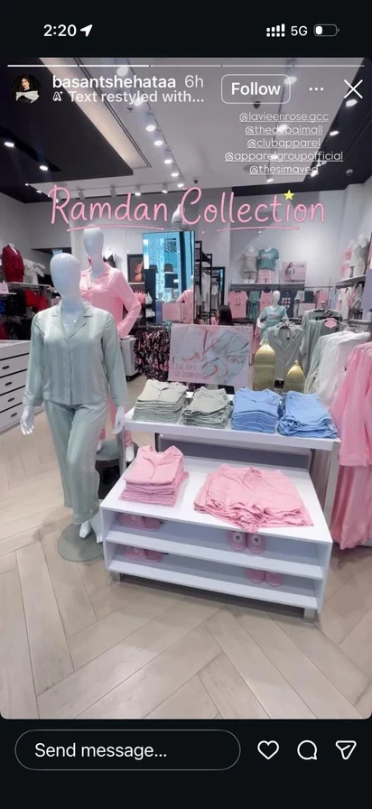 A creator’s Instagram story in a La Vie en Rose store, showing the Ramadan collection on display.