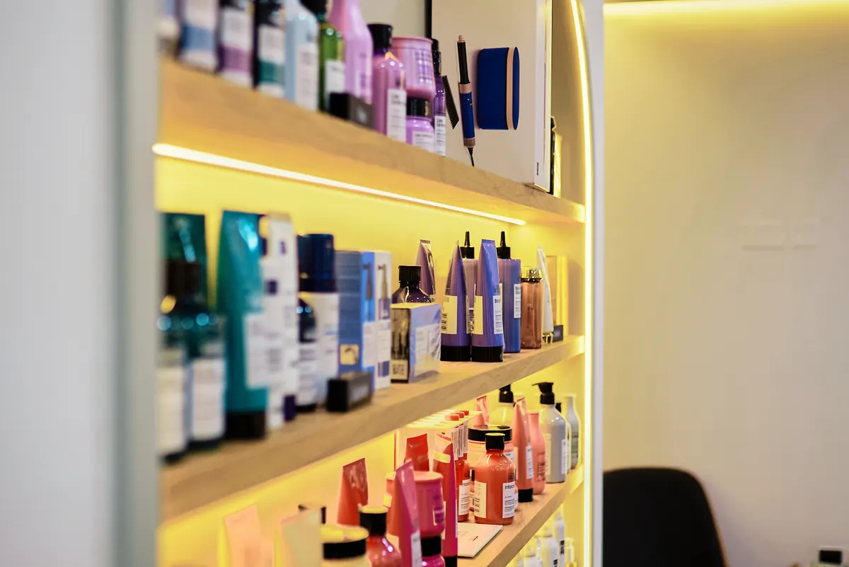 Products on the shelf at the Pastels Salon Jumeirah branch.