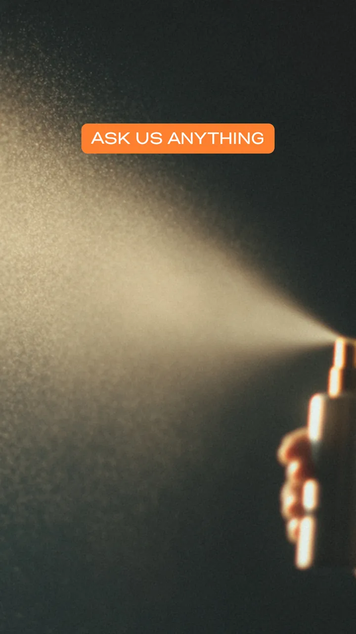 Instagram story: a perfume mist in warm light under an “Ask us anything” sticker.