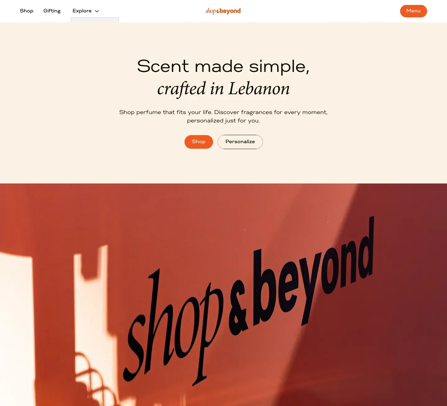 Shop & Beyond website design: the homepage, headed “Scent made simple, crafted in Lebanon”.