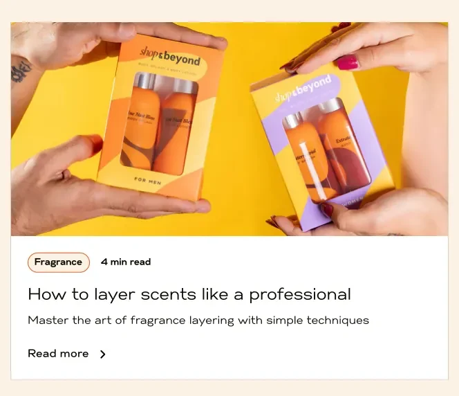 Shop & Beyond website design: a journal card, “How to layer scents like a professional”, showing two Shop & Beyond gift sets.