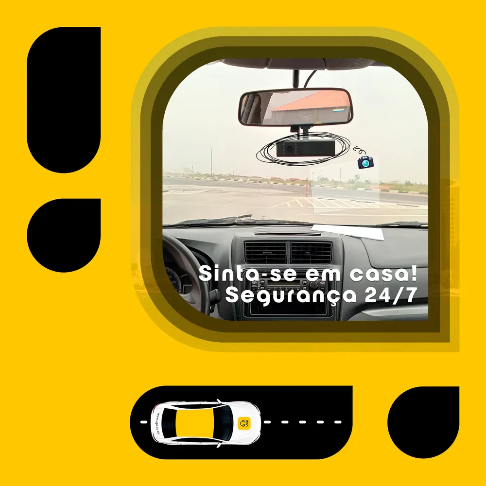 UGO social post in the brand yellow frame: the view from a ride-hailing car, with copy about safety around the clock.