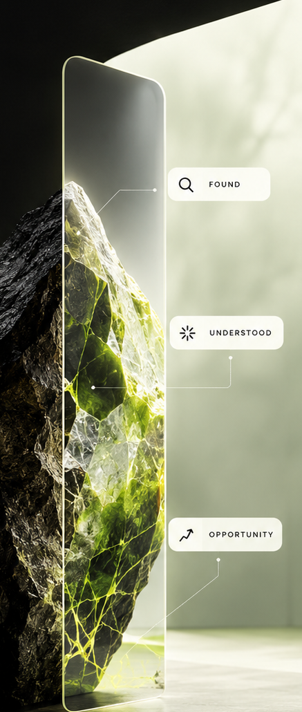 Metamorphic rock passing through an illuminated portal, from fragmented search signals to clarity